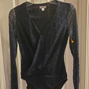 Exhilaration, size small, black & midnight blue, stretchy, floral lace bodysuit